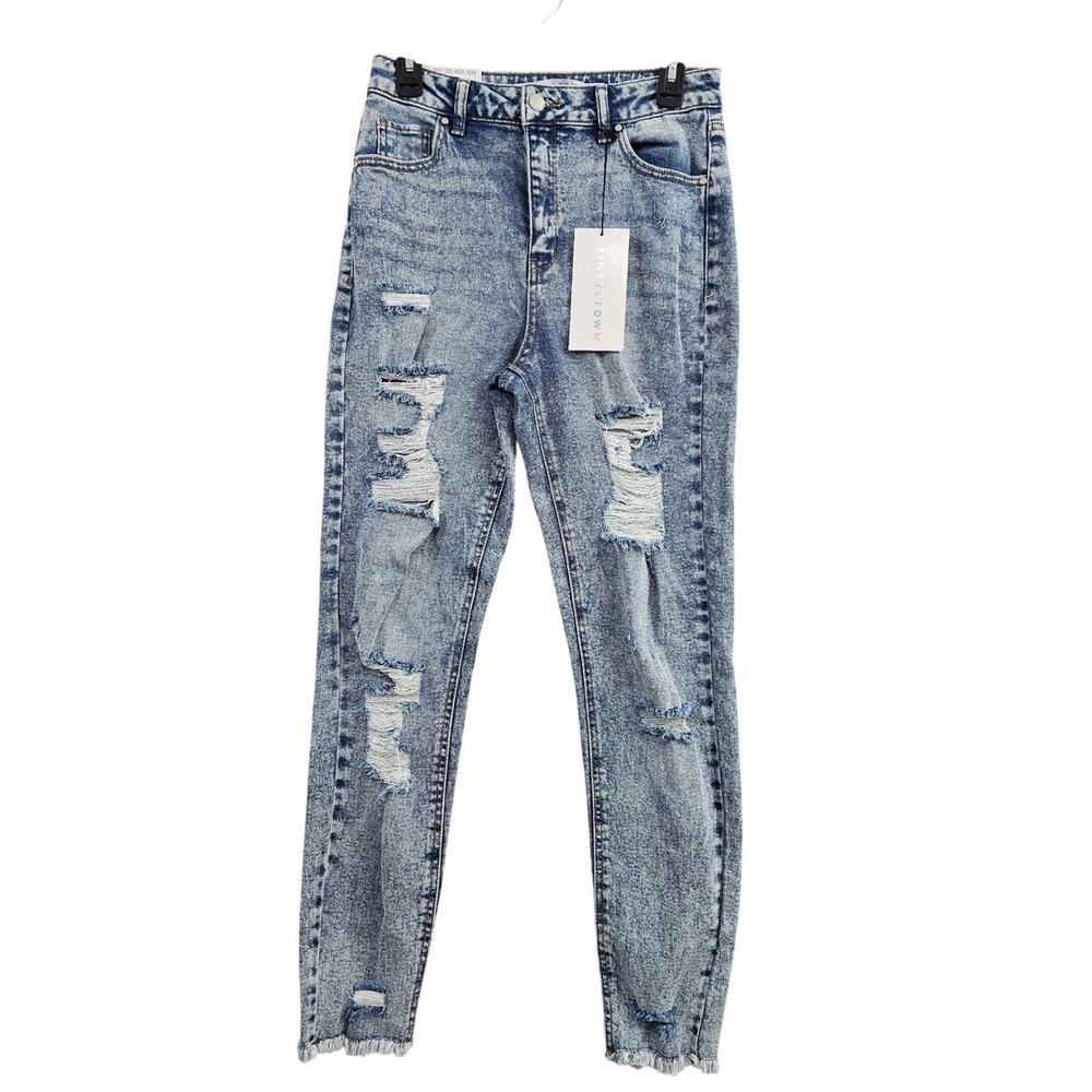 Tinseltown The Mom Jean Women 7/28 Blue Acid Wash Distressed High Rise Denim NEW